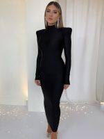 Hugcitar Solid Long Sleeve With Shoulder Pads Turtleneck Maxi Dress 2023 New Year Women Fashion Streetwear Elegant Skinny