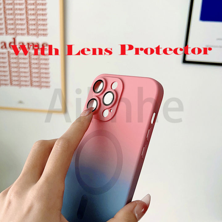 เคสป้องกันเลนส์กล้องถ่ายรูปแบบไล่ระดับสีสำหรับ-iphone-14-pro-max-13-12-11-pro-max-สำหรับ-magsafe-คลุมโทรศัพท์แม่เหล็กที่ชาร์จแบบไร้สาย