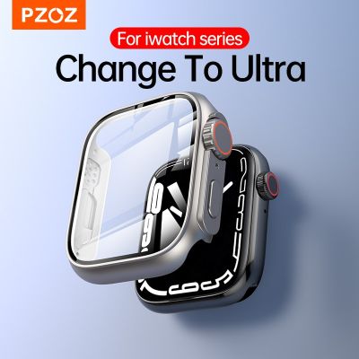 ﹍ PZOZ PC Glass For Apple Watch Case 8 7 se 6 5 4 iWatch Series 45mm 44mm 41mm 40mm Screen Protector Change to Ultra Accessories