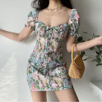 Womens Flower print drawstring square collar y puff sleeve dress