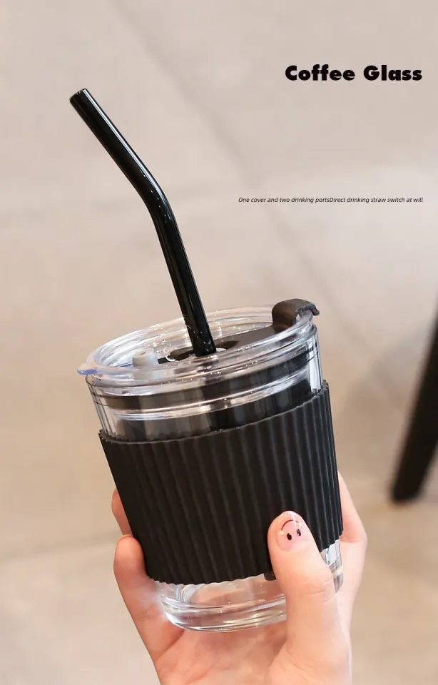350/450ml Coffee Glass Cup Water Bottle Thick Glass Mug Heat-Resistant Milk  Juice Cup Travel Sealed Non-slip Set Straw Mug