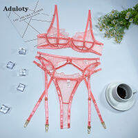 Aduloty ใหม่สีชมพูปักชุดชั้นในสตรี Underwire บางตาข่ายดูผ่านชุดชั้นในเซ็กซี่ Garter เข็มขัด Set