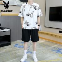 【July hot】 Playboy casual suit mens summer plus size sports short-sleeved five-point a set of T-shirts.