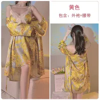 2023 Hot Brand Yellow Floral Chest Pad Satin Cross Lace Waist Thin And Comfortable Nightdress Outerwear Gown Suit 3788