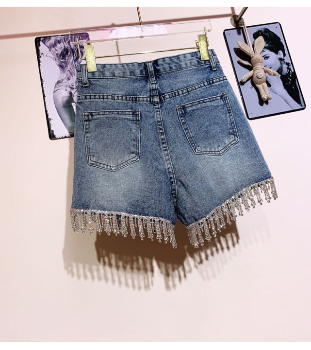 high-end-rhinestone-fringed-high-เอว-denim-กางเกงขาสั้นแฟลช-wimen-s-high-end-เพชรพู่สั้นกางเกงยีนส์ร้อนกางเกง2023-traf-ฤดูร้อน