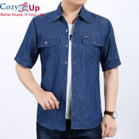 COZY UP ผู้ชายเสื้อแขนสั้นแฟชั่นสีทึบยีนส์สบายๆ lapel กระดุมแถวเดียว