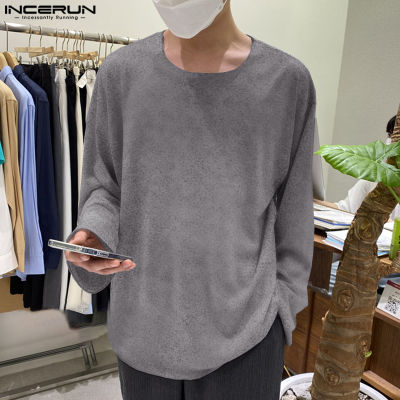 เสื้อเสื้อยืดคอกลมแขนยาวสำหรับผู้ชาย INCERUN เสื้อเสื้อยืดลำลองทรงถุงเสื้อแบบเรียบทึบ (สไตล์เกาหลี)