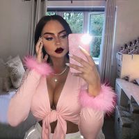 2020 Long Sleeve Fur V-neck Wrapped Bandage Sexy Crop Tops Spring Summer Women Streetwear Club Party Outfits T-shirts