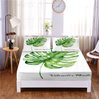 Green Leaves Digital Printed 3pc Polyester Fitted Sheet Mattress Cover Four Corners with Elastic Band Bed Sheet Pillowcases