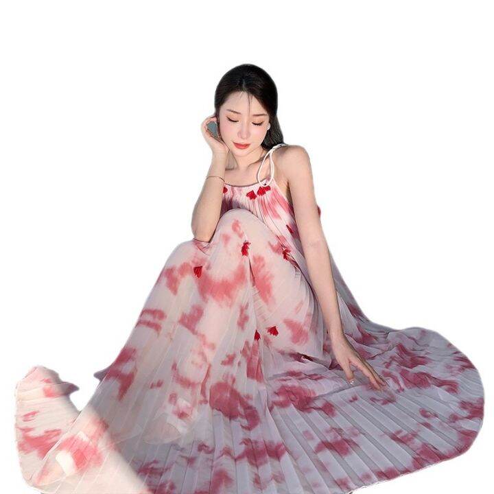 french-heavy-tie-dye-advanced-sense-of-condole-belt-dress-summer-hepburn-wind-hang-loose-neck-long-summer-fairy-skirt