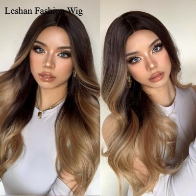 Long Loose Wavy Synthetic Wig Ombre Dark Brown Golden Wigs for Black Women Middle Part Cosplay Daily Heat Resistant cd