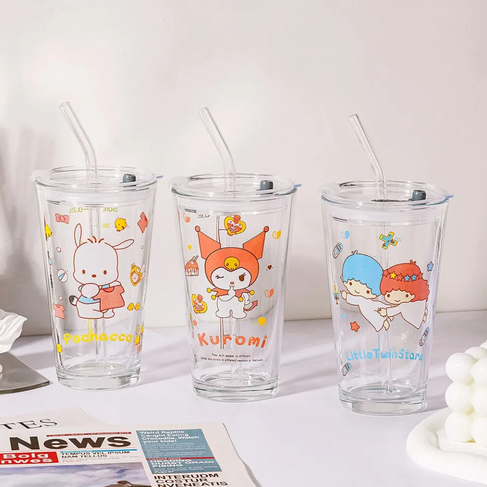 Kawaii Hello Kitty Sanrio Cartoon Glass Cup Lid Straw 3Pcs Set Anime Kuromi  Cinnamoroll Breakfast Milk Cup Casual Juice Cup Gift