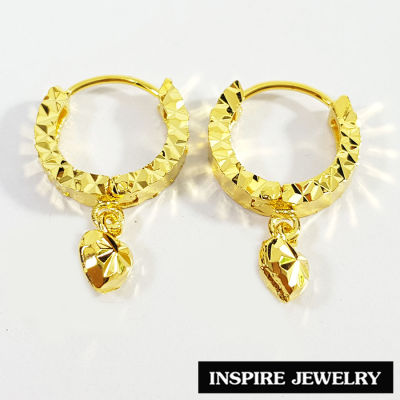 Inspire Jewelry ,ต่างหูทอง ตอกลายหรู ห้อยหัวใจตอกลาย งานร้านทอง ปราณีต หุ้มทองแท้100% 24K สวยหรู พร้อมกล่องทอง