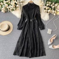 Vintage Lace Hollow Out Womens Dress Autumn 2020 Stand Collar Long Sleeve High Waist Sweet BlackPinkBeige Robe Fashion New