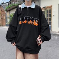 MAYCHEER   เสื้อยืดคอยาวแขนเสื้อโปโลวินเทจเสื้อสเวตเชิ้ตแขนยาวแนวสตรีทสำหรับทั้งหญิงและชาย