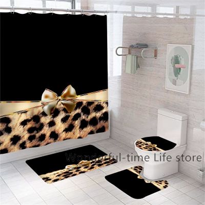 【CW】❧☾❁  Leopard Print Bow Tie Shower Curtain Anti-Peeping Machine Rug Sets Luxury