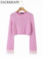 ✈ ZACK RAIN Single-breasted Knit Cardigan 2023 O Neck Feather Sleeves Sweaters Female Crop Knitwears