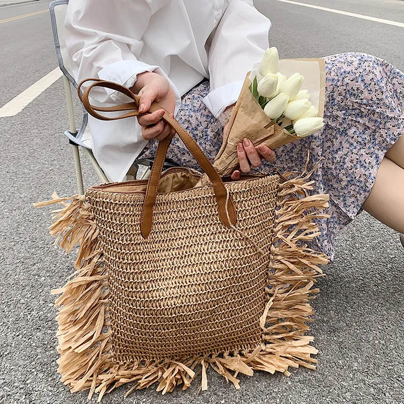 Womens Large Straw Shoulder Bag Beach Tote Handbag Purse with Tassel for Summer