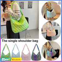 【Fast Delivery】Autumn Winter Ladies Tote Handbags Large-capacity Cotton Padded Shopper Bag Laser Multicolor Rhombus Pattern for Travel Work for Daily Life