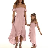 【YF】 Summer Mother and Daughter Dresses Family Matching Outfits Off-shoulder Dress with Ruffled Hem Sweet Tube Top Style Clothing