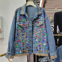 Heavy Work Multicolour Diamonds Beading Big Pocket Denim Jacket Women Loose Short Cowboy Outwear Long Sleeve Jeans Jacket Female