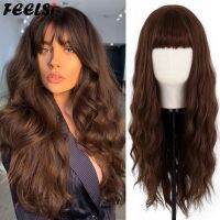 Brown Black Blonde Long Wavy Wig Have Bangs Daily Wear Wave Synthetic Fiber Natural Heat Resistance For Women Wigs