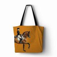 Both Sides Printed Horse 2 Designs On 1 Handbag Linen Polyester Women Shopping Tote Home Storage with Casual Traveling Beach Bag