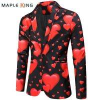 ZZOOI Classic Valentines Day Suit For Men Fashion Love Pattern Mens Florla Blazer Party Stage Single Button Long Sleeve Costume Homme