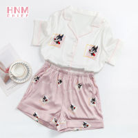 HMN Blue Silk Pajama Sets Summer Cartoon Print Pajamas Suit Girls Loose Casual Sleepwear T-Shirts and Shorts Cute Pjs Homewear