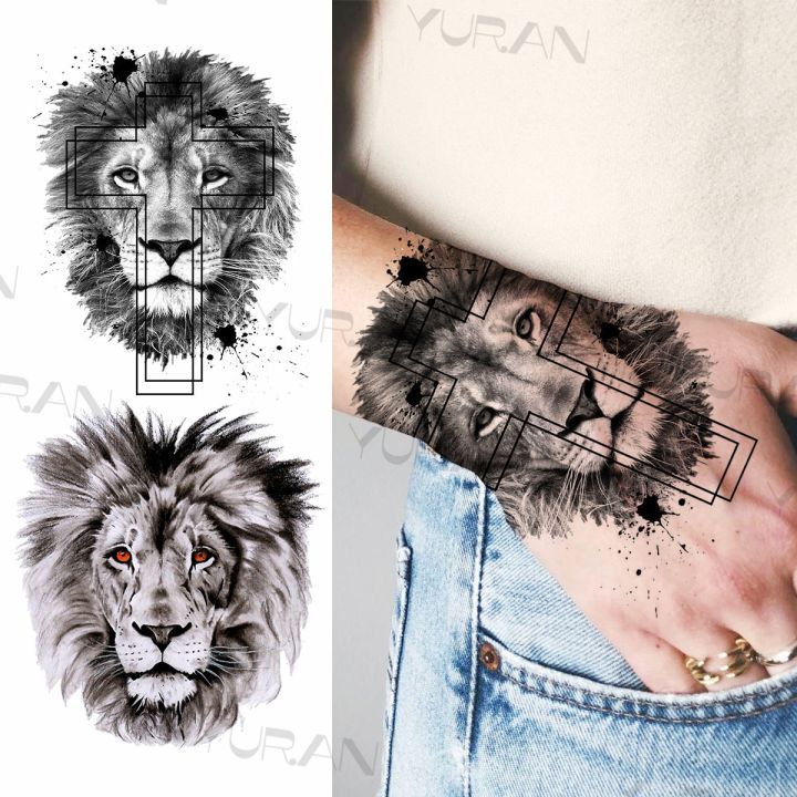 black-lion-temporary-tattoos-for-women-men-realistic-tiger-geometric-rose-flower-fake-tattoo-sticker-arm-body-tatoos-armband