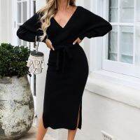 【jw】✕▤♘  2023 Pre New Color Fashion V-Neck Bow Sleeve Bandage Fork Hem WomenS Sundresses