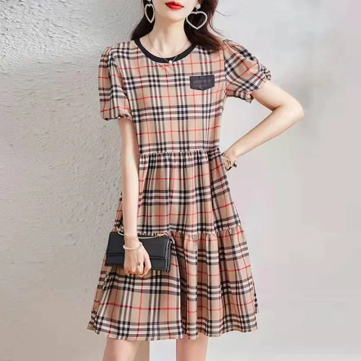 Burberry Khaki Plaid Chiffon Dress Women's Summer New Puff Sleeves Loose  and Thin Fashion Doll Skirt A-line Skirt | Lazada PH