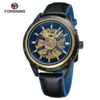 【hot seller】 The new forsining mens fashion leisure waterproof mechanical watch blue glass hollow out fully automatic watches