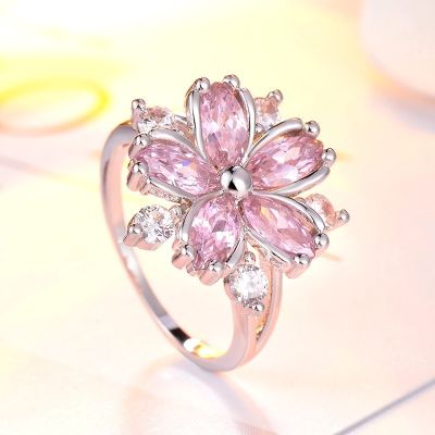 New Elegant Fashion Sakura Princess Engagement Rings Bridal Jewelry Romantic Sakura Zircon Ladies Rings Party Gifts Pink Rings