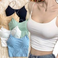 Women Summer Bra Ice Silk Crop Tops Sports Spaghetti Strap Vest Top Sexy Built In Bra Off Shoulder Sleeveless Camisole Underwear