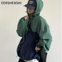 EERSHENSHI เสื้อผ้าแจ็คเก็ตลายบล็อกมีฮู้ดสำหรับผู้ชายทรงหลวมแห้งเร็วเนื้อผ้าลำลองป้องกันแสงแดด