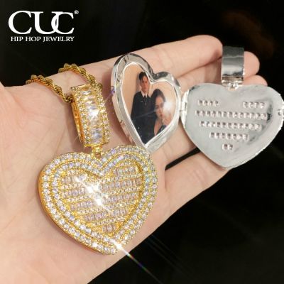 CUC Baguette Heart Shape Custom Photo Locket Frame Pendant Tennis Chain Memory Jewelry For Couple Valentines Day Gift