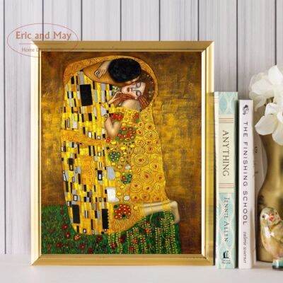 ☁▪ิร์ลส์ Gustav Klimt Kiss ภาพสีผ้าใบโปสเตอร์ลายพิมพ์คลาสสิกบนกำแพงไร้กรอบของตกแต่งบ้านทันสมัย