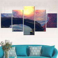 Lizhanmin Red Skyrim Sunrise Seascape Paintings - 5 Pieces Canvas Wall Art Pictures For Interior Modern Home Decoration - Aesthetic Room Decor