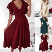 Wedding Guest Empire Dresses For Women 2023 Summer V Neck Midi Rehearsal Dinner Long Fit And Flare Solid Dress Petal Sleeve Robe