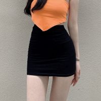 Women Slim Hip Skirts High Waist Stretchy Ruched Skirt Lady Sexy Mini Tight Black Asymmetrical Ruched Skirt For Party Nightclub