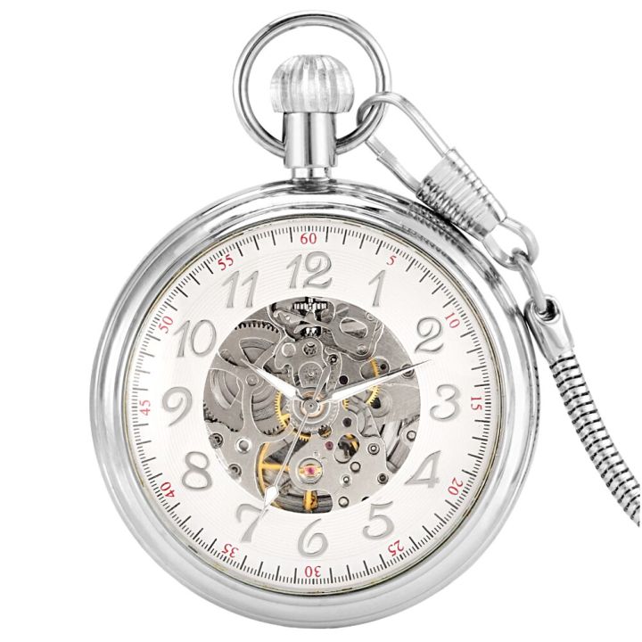 สร้อยข้อมือเงินหรูหราไม่มีฝาปิดอัตโนมัติตัวเลขอารบิกนาฬิกาพกหน้าปัดสีขาวจี้ใช้ได้จริงของขวัญวันแม่