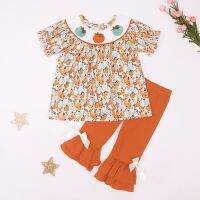 Halloween 1-8T Outfits Baby Girl Clothes Set Toddler Floral Suit Pumpkin Embroidered Bodysuit Shirts Sleeve Orange Pants Shorts