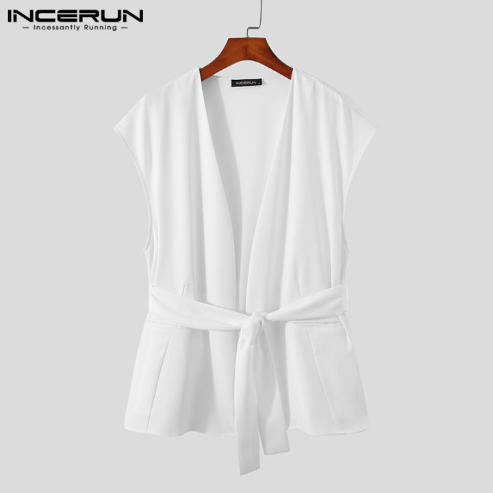 incerun-เสื้อคาร์ดิแกนแขนกุดสีด-ํา-ขาวสําหรับผู้ชาย