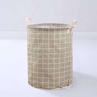 Grey lattice Laundry Basket Cotton Linen Foldable Organizer Round Waterproof Laundry Bucket Clothes Toys Large Capacity Home Storage Basket