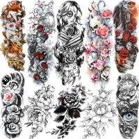 【YF】 Colorful Skull Rose Temporary Sleeve Tattoos For Women Girls Realistic Fake 3D Tatoos Washable Peony Full Arm Tatoo Paste