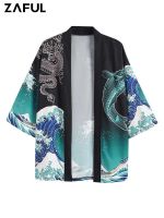 เสื้อเสื้อคาร์ดิแกน Kimono ZAFUL สำหรับผู้ชายเสื้อเชิ้ตแขนสามส่วนกราฟิกมังกรตะวันออกแนวสตรีทแวร์เสื้อลำลอง Z4982895ฤดูร้อน