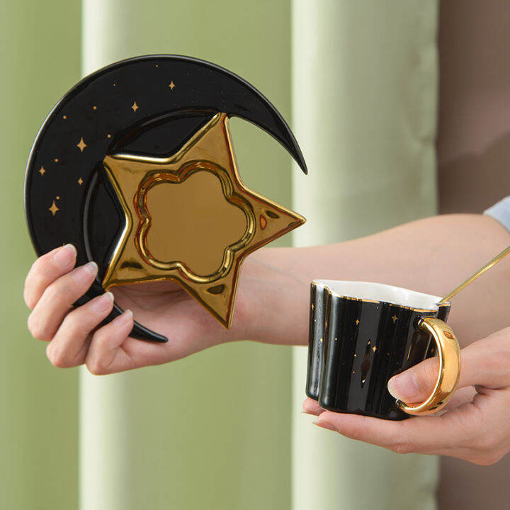 creative-ceramic-star-moon-coffee-cup-and-saucer-with-spoon-golden-ceramic-mug-milk-tea-water-cup-luxury-drinking-glass-gift