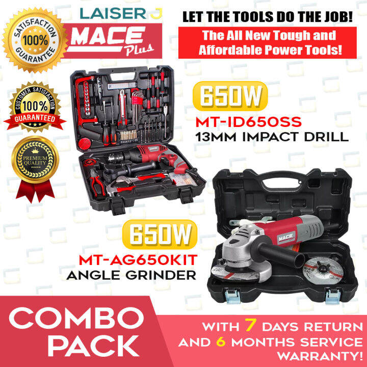 Mace Plus Angle Grinder 650W & Impact Drill 650W with Case and