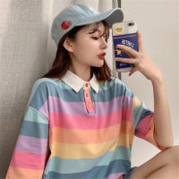 Cute Rainbow Polo Shirt Girl Fashion Women Cartoon Patchork T-Shirt Funny Cotton Kawaii Harajuku Tops Summer Gothic T Shirt